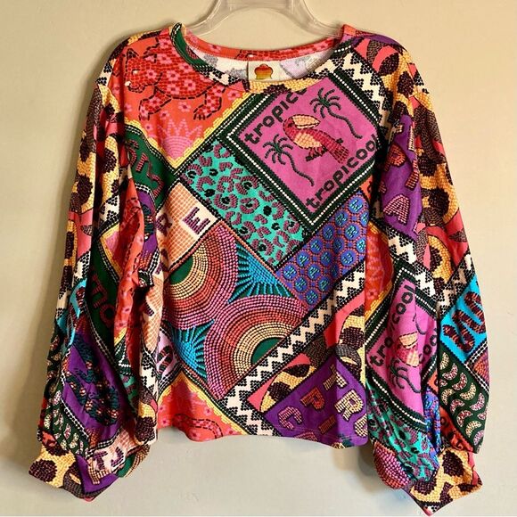 NEW FARM Rio Dotted Patch Scarf Sweatshirt Puff Sleeves Tropical Colorful Size M - Picture 6 of 15